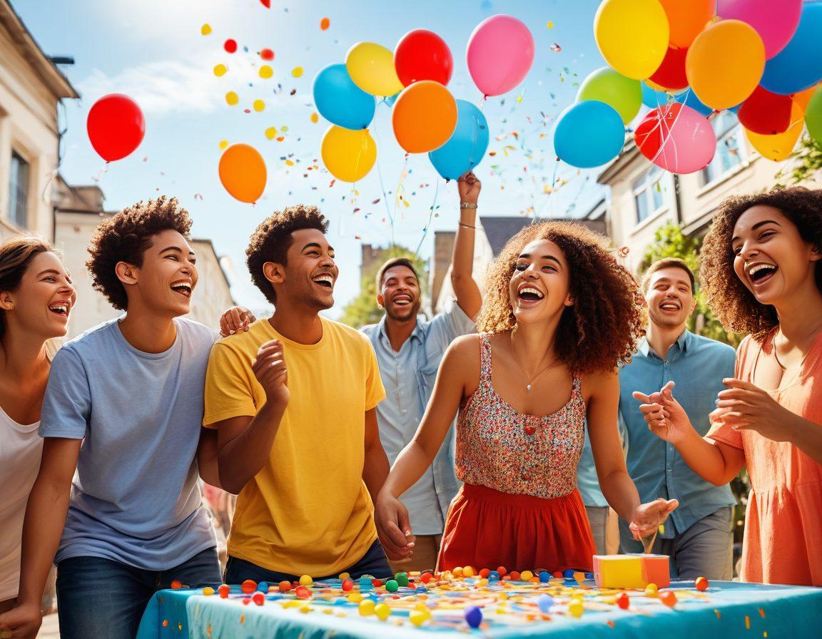 An inviting scene filled with diverse groups of people of all ages playing various interactive games like board games, outdoor activities, and virtual games. Bright colors and joyful expressions on their faces to convey happiness and excitement. Elements like balloons, confetti, and a picnic setup in the background enhance the festive atmosphere. A sunny day with a clear blue sky adds to the cheerful vibe. cartoonish style. vibrant colors. playful and lively.