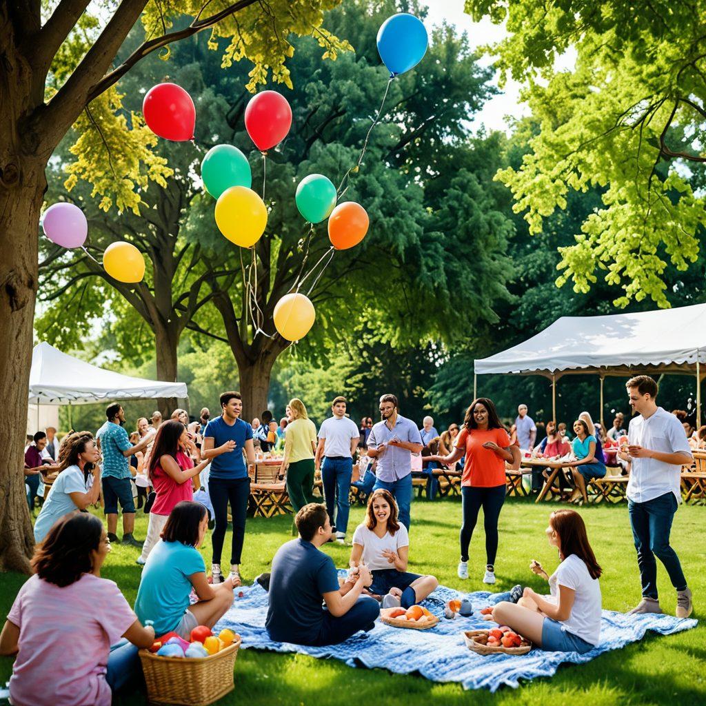 A lively scene featuring a diverse group of people engaged in various fun activities, such as playing games, dancing, and laughing together in a vibrant outdoor setting. Include colorful balloons, picnic setups, and playful pets to emphasize joy and community. The background should showcase a sunny park with trees and flowers. super-realistic. vibrant colors.