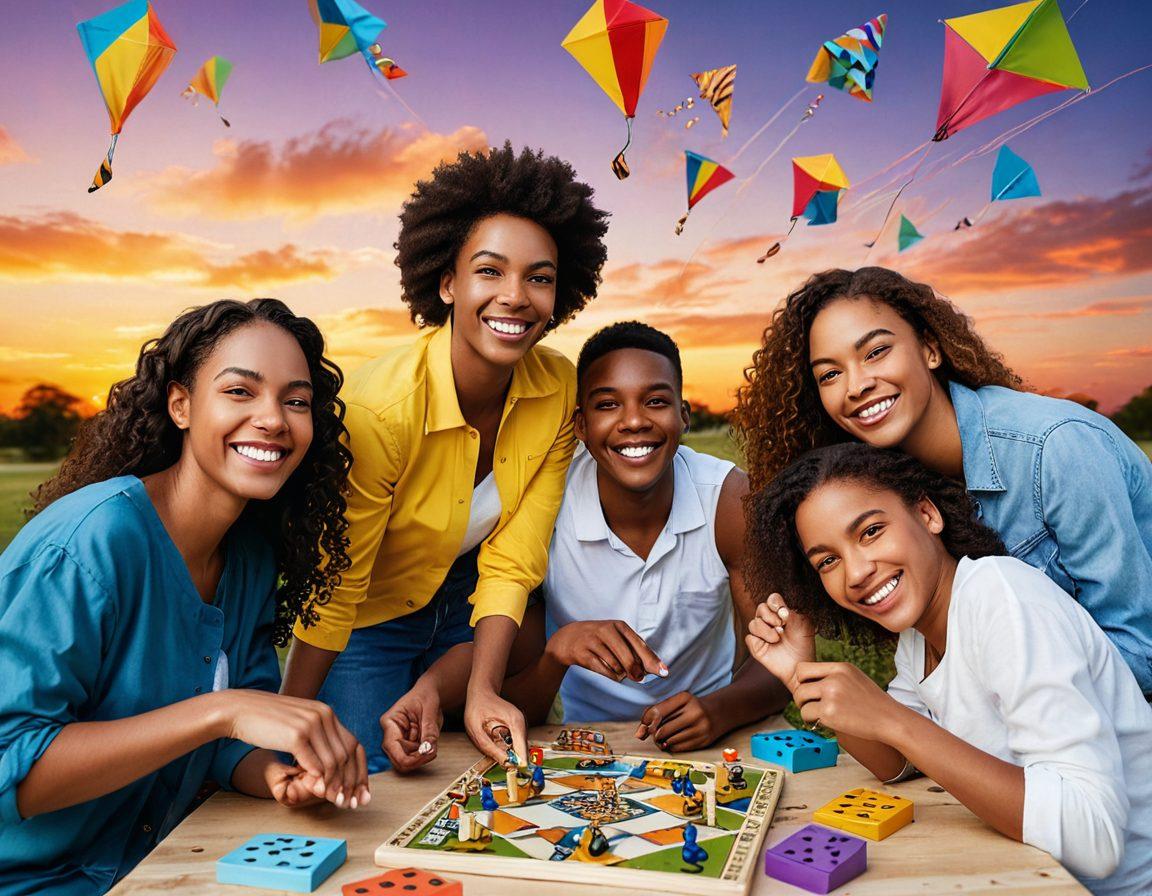 A vibrant and dynamic collage showcasing diverse people engaging in various joyful activities: a group playing board games, children flying kites, friends laughing over trivia night, and a colorful sunset in a park setting. Bright colors and playful elements evoke happiness and excitement. super-realistic. vibrant colors. white background.